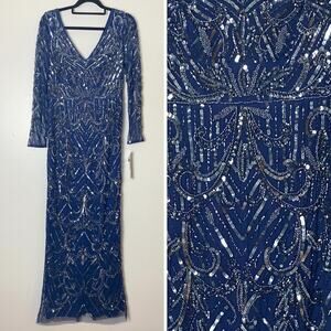 NWT AIDAN MATTOX DRESS GOWN NAVY BLUE SEQUINS MOTHER OF THE BRIDE FORMAL EVENING